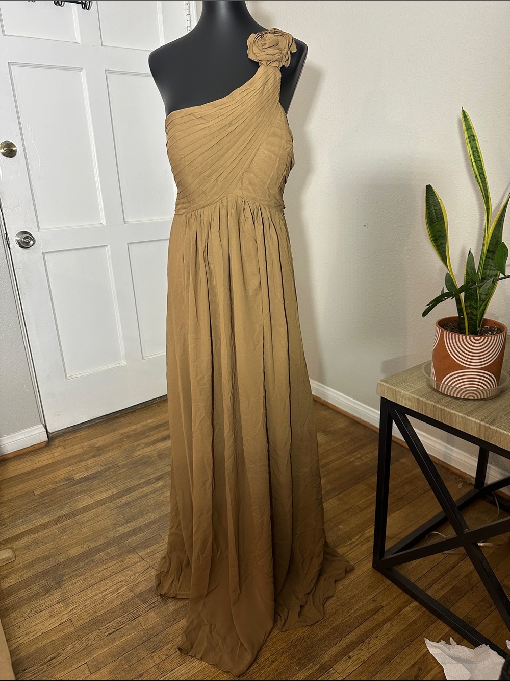 Pleated One-Shoulder Maxi Dress in Brown Like New